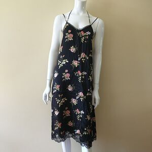 R13 Lace Back Slip Dress XS Black Pink Floral 100%Silk Lace Up Adjustable Strap